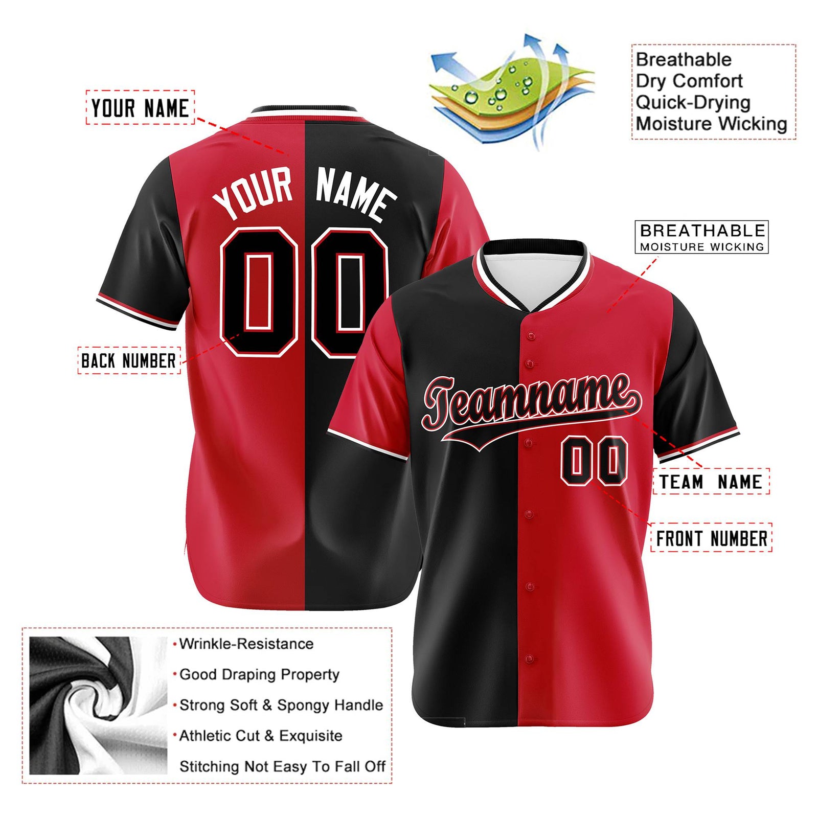 Custom Black Red Authentic Split Fashion Baseball Jersey