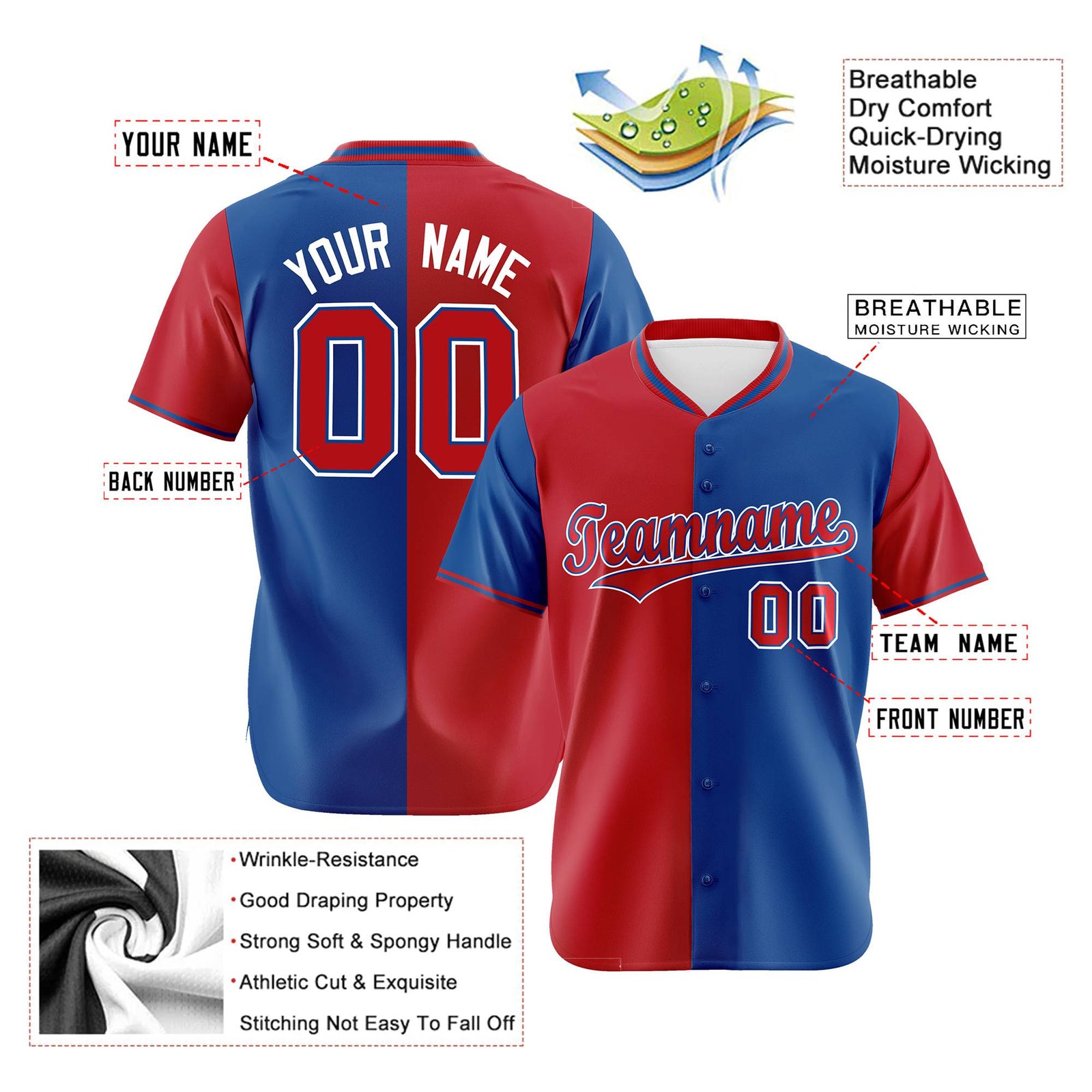 Custom Red Royal Blue Authentic Split Fashion Baseball Jersey