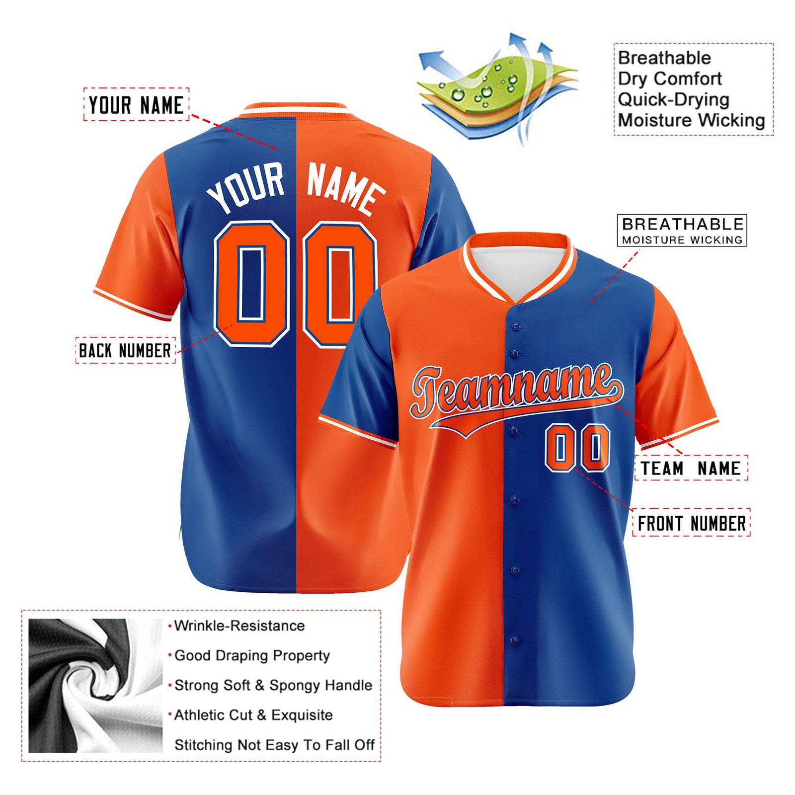 Custom Orange Royal Blue Authentic Split Fashion Baseball Jersey