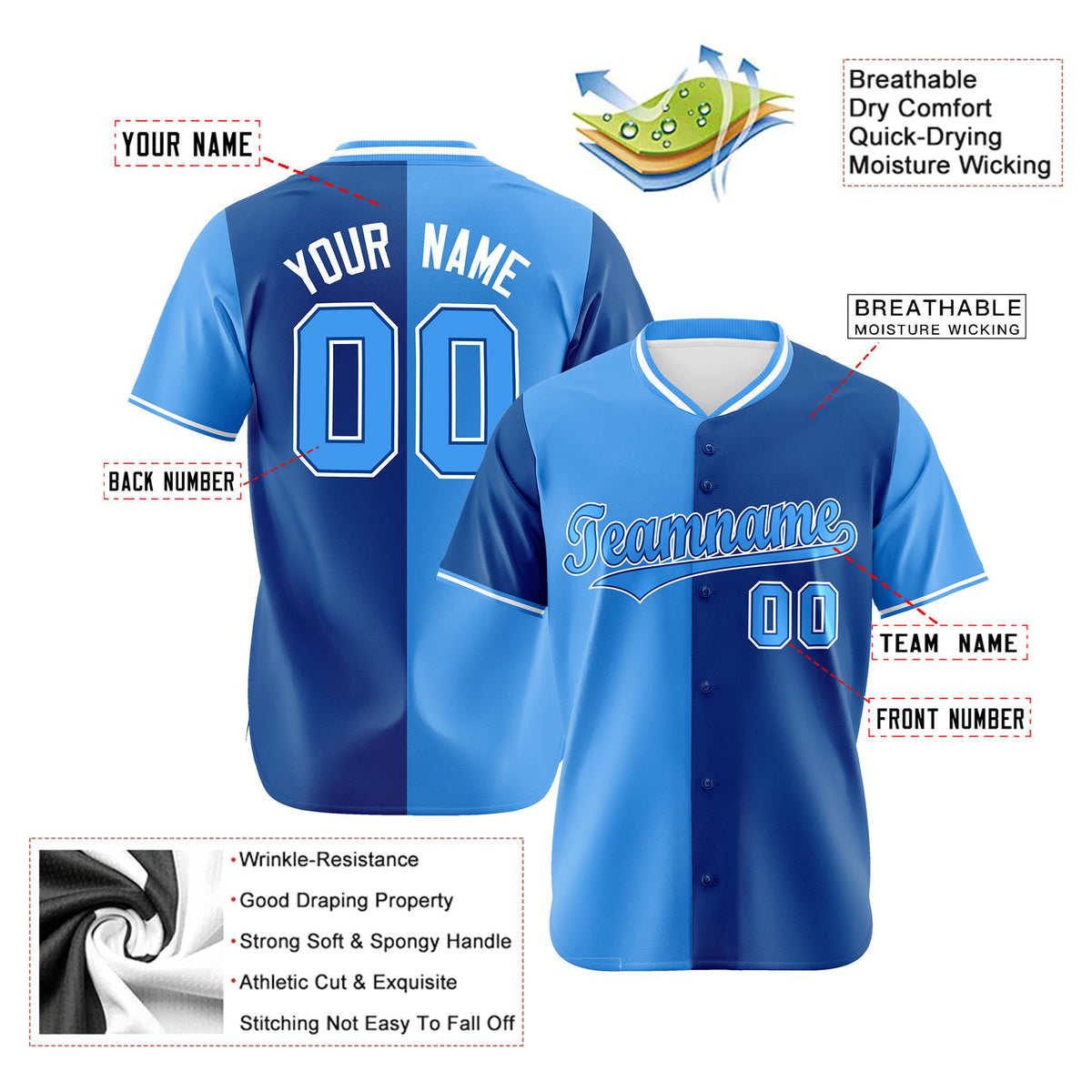 Custom Powder Blue-Royal Blue Authentic Split Fashion Baseball Jersey