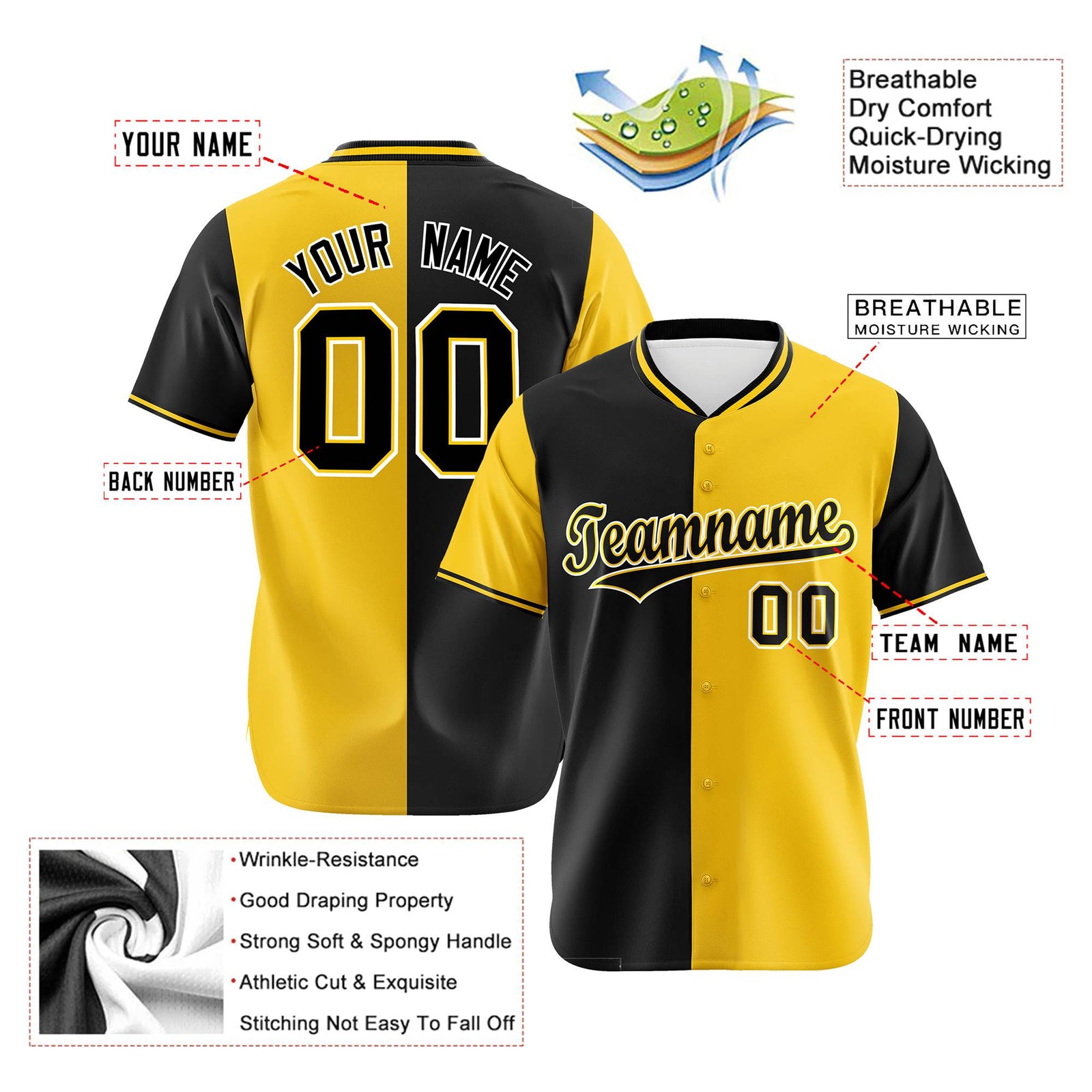 Custom Black Gold Authentic Split Fashion Baseball Jersey
