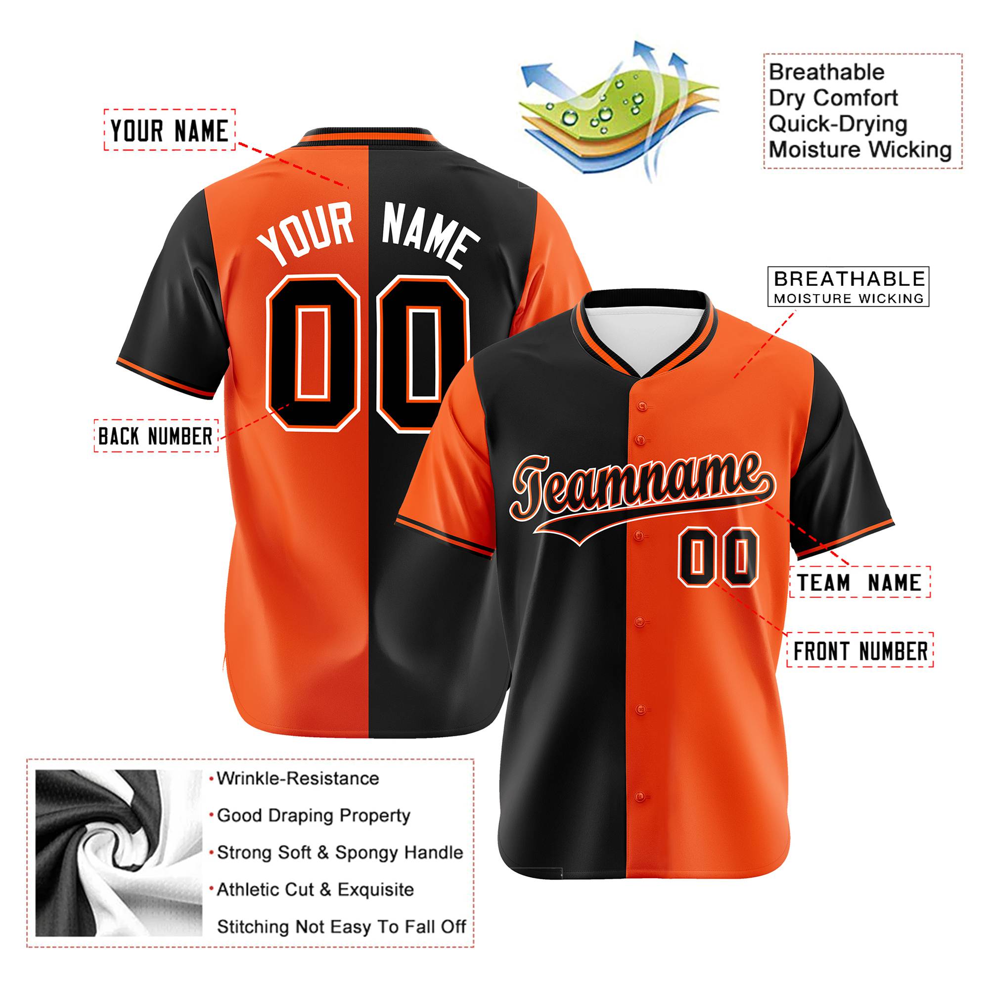 Custom Black Orange Authentic Split Fashion Baseball Jersey