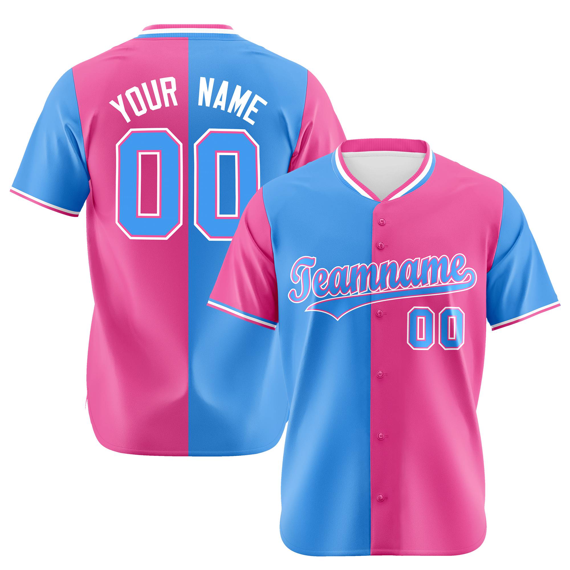 Custom Powder Blue Pink Authentic Split Fashion Baseball Jersey