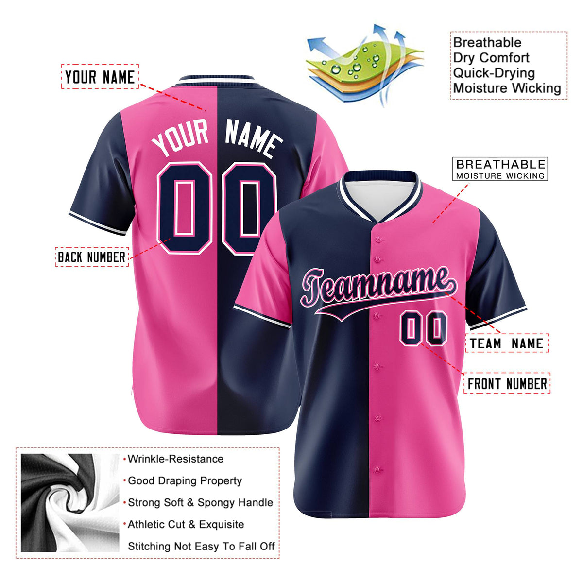 Custom Navy Pink Authentic Split Fashion Baseball Jersey