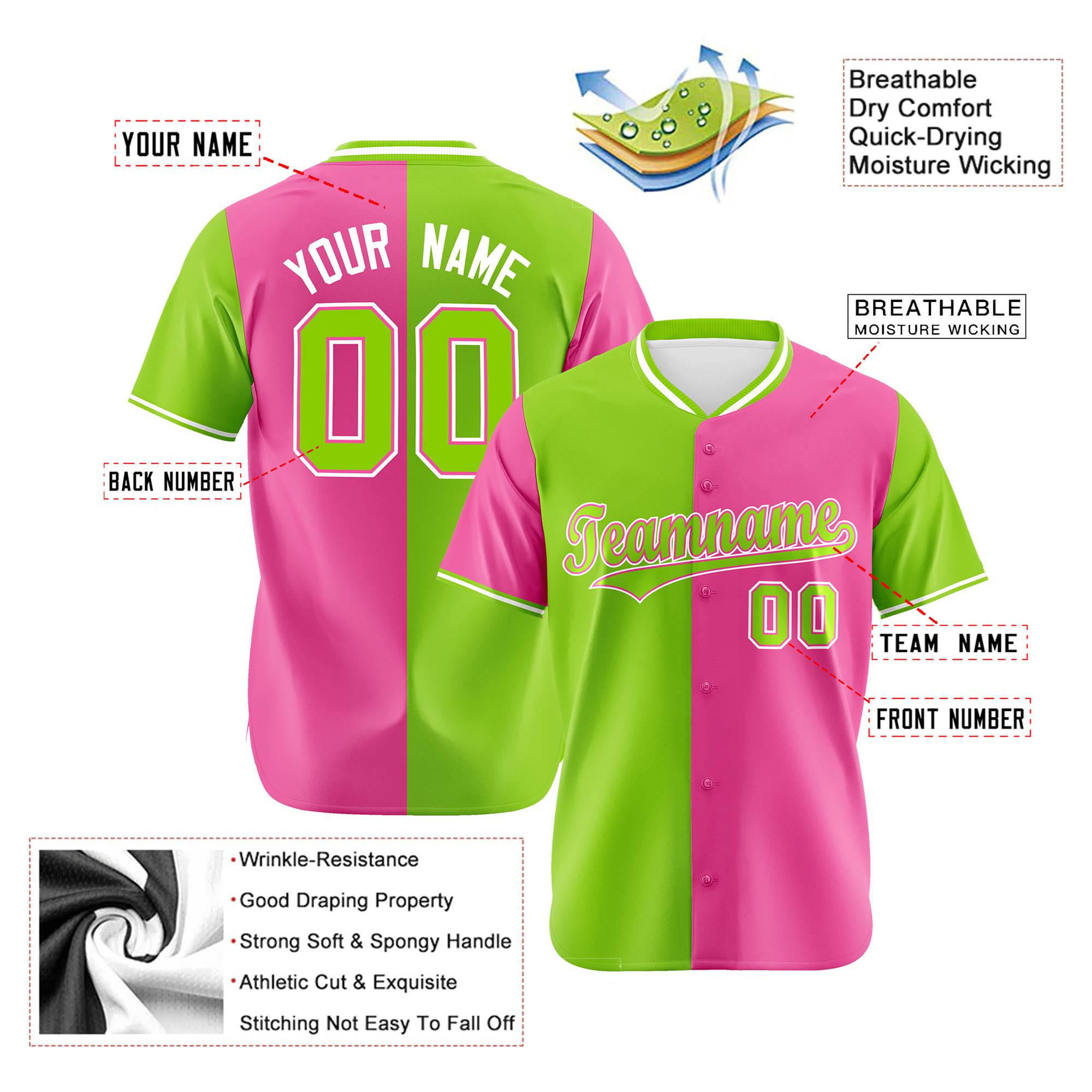 Custom Neon Green Pink Authentic Split Fashion Baseball Jersey