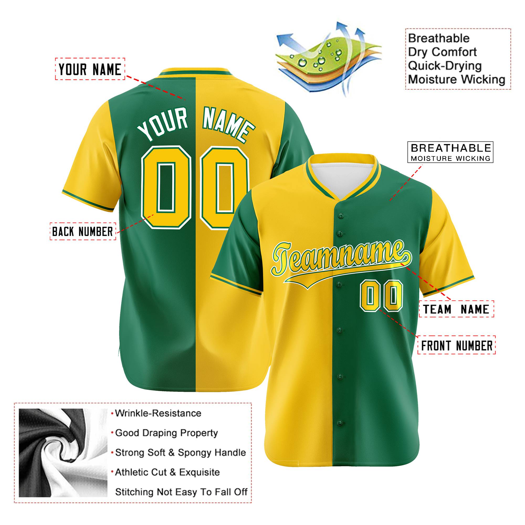 Custom Gold Kelly Green Authentic Split Fashion Baseball Jersey