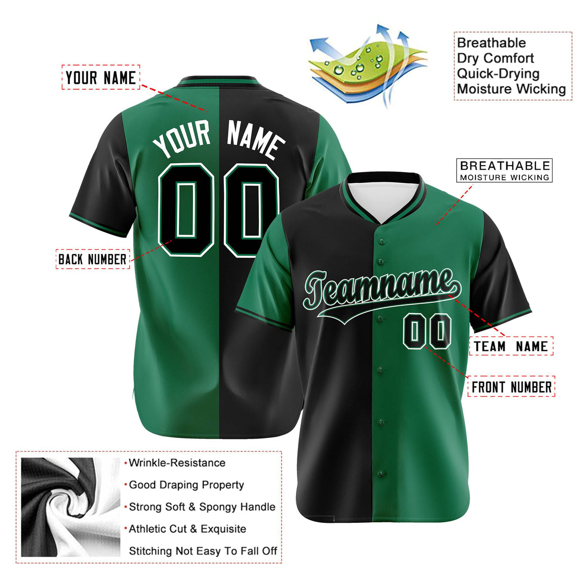Custom Black Kelly Green Authentic Split Fashion Baseball Jersey
