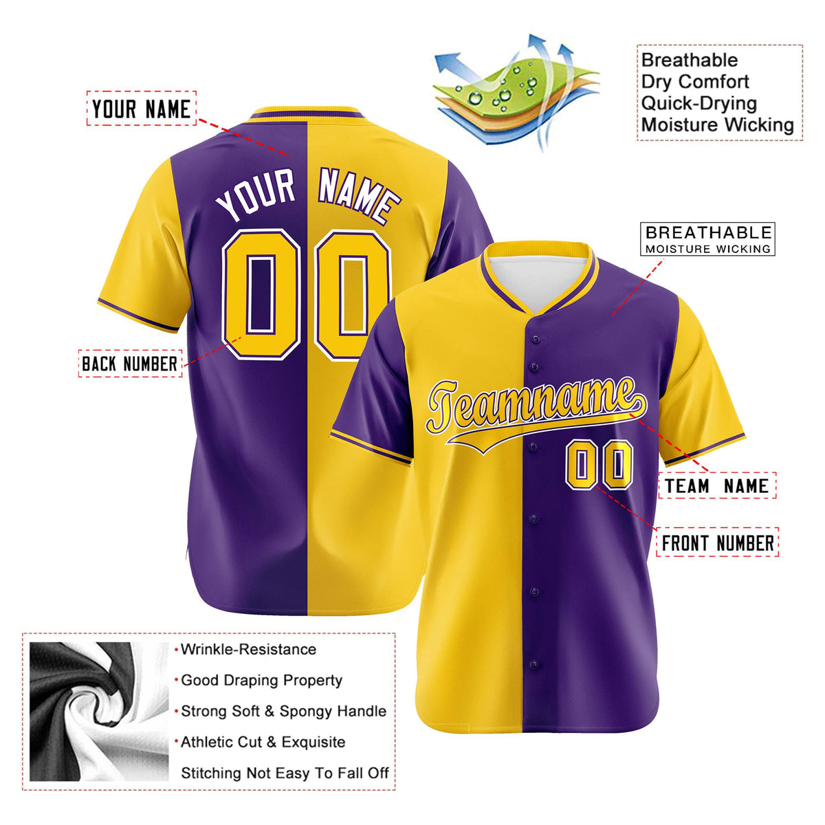 Custom Gold Purple Authentic Split Fashion Baseball Jersey