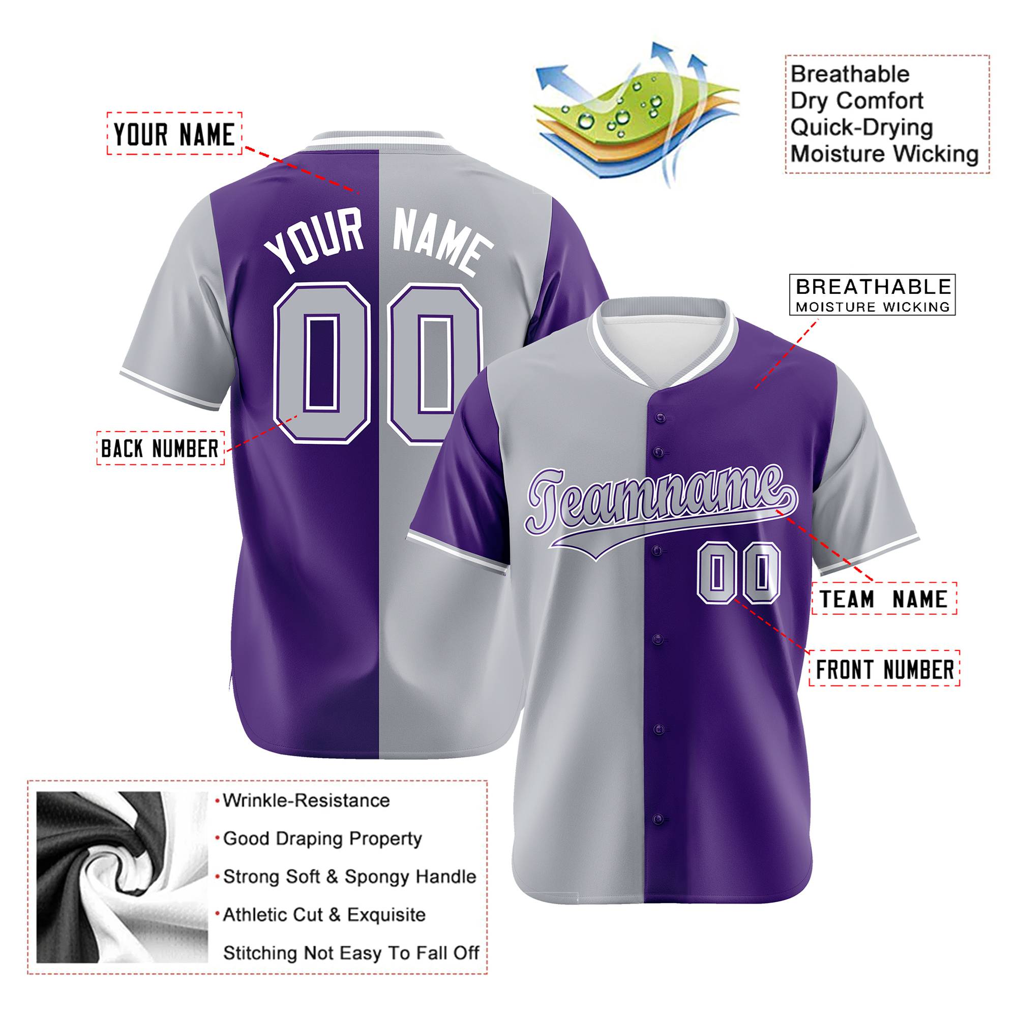 Custom Gray Purple Authentic Split Fashion Baseball Jersey