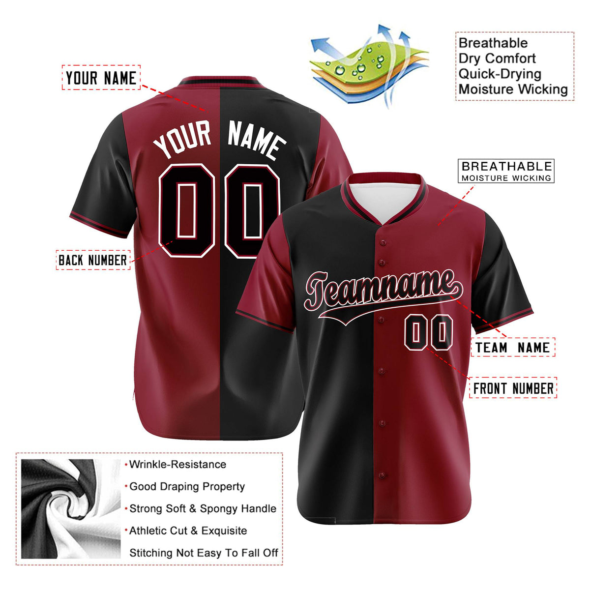 Custom Black Crimson Authentic Split Fashion Baseball Jersey