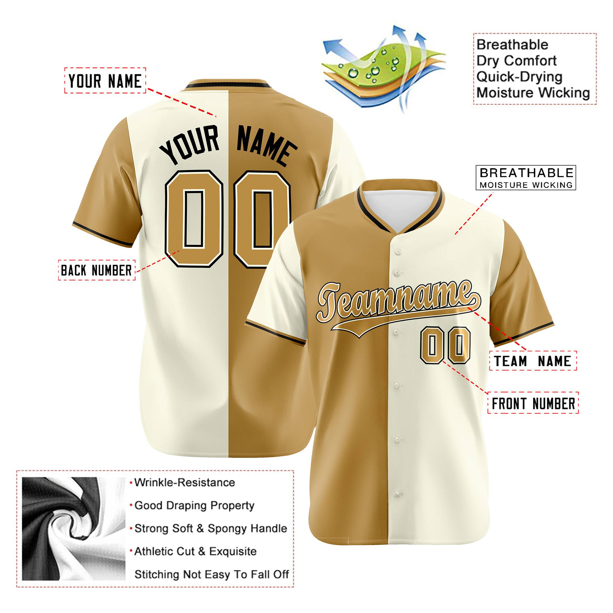 Custom Old Gold Cream Authentic Split Fashion Baseball Jersey