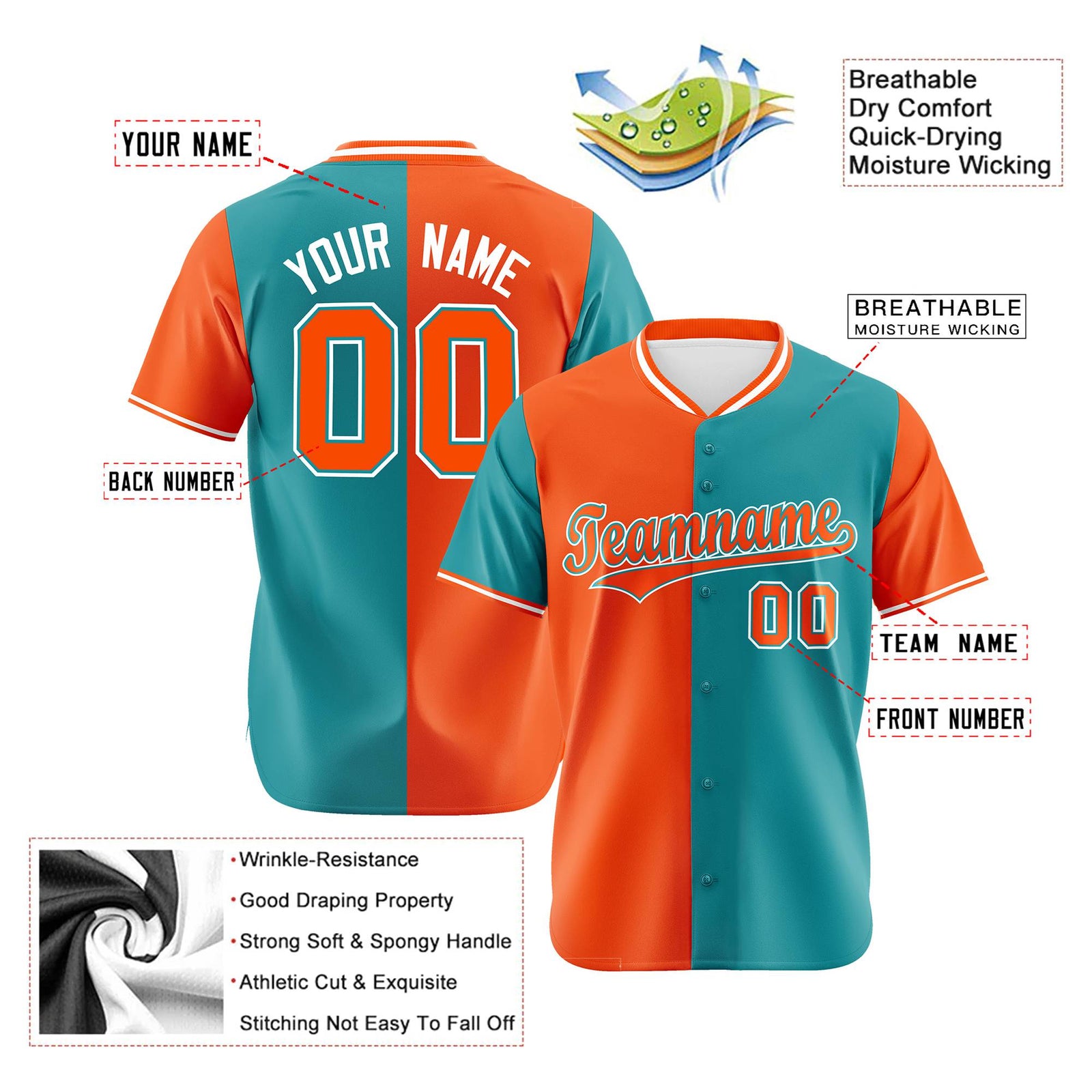Custom Orange Aqua Authentic Split Fashion Baseball Jersey