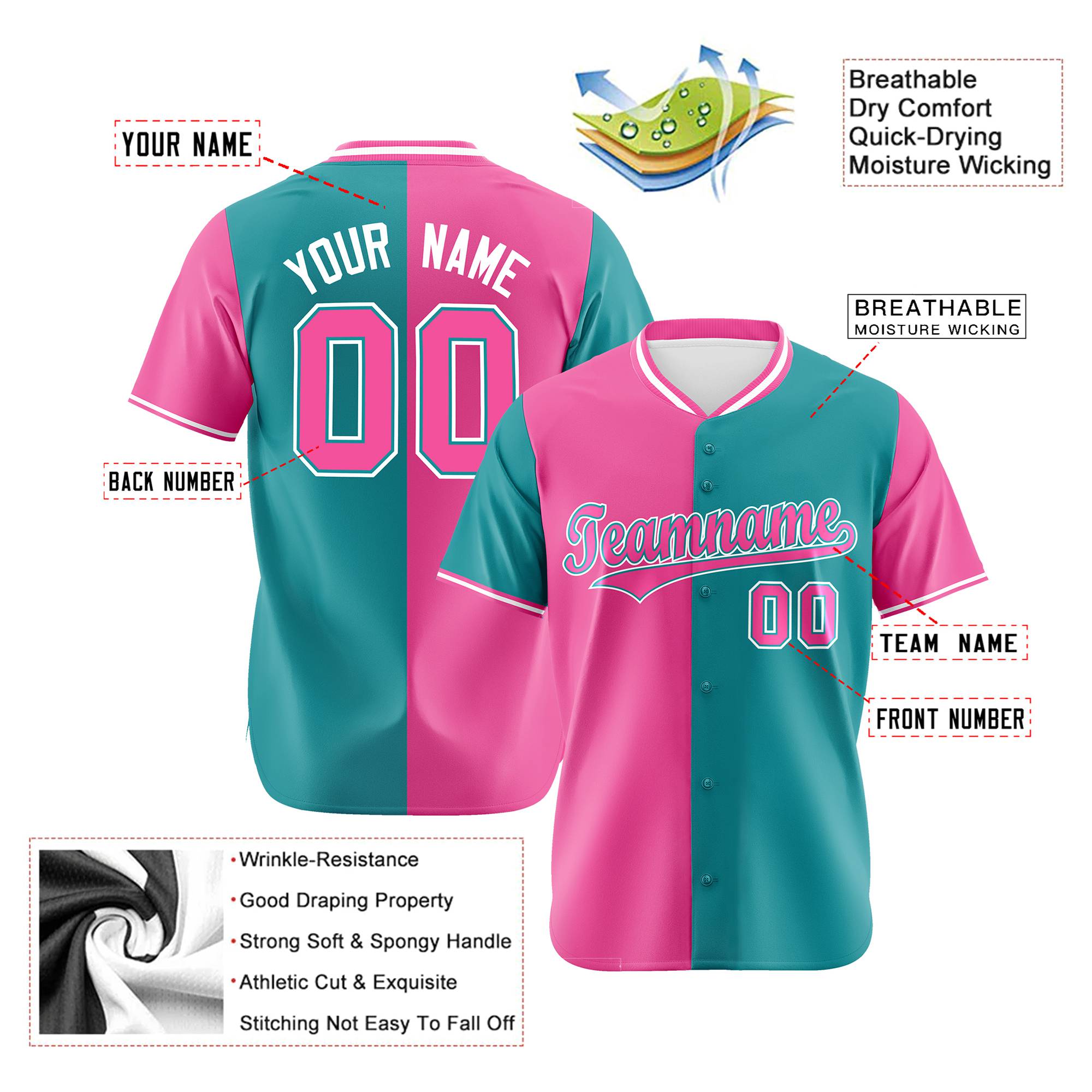 Custom Pink Aqua Authentic Split Fashion Baseball Jersey