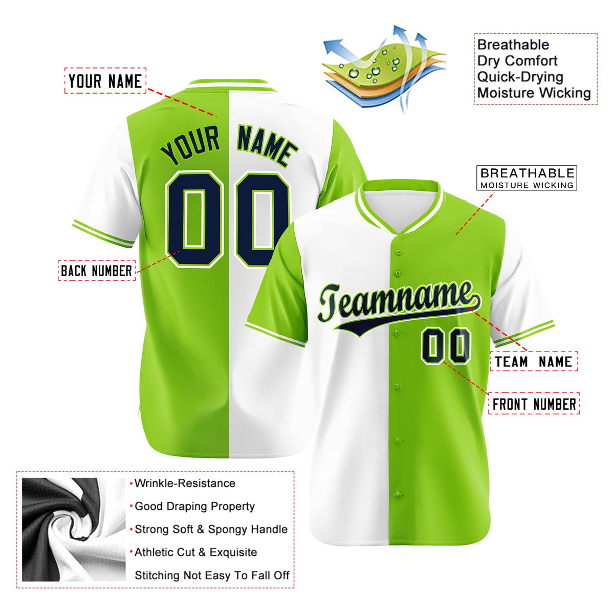 Custom White Neon Green Authentic Split Fashion Baseball Jersey