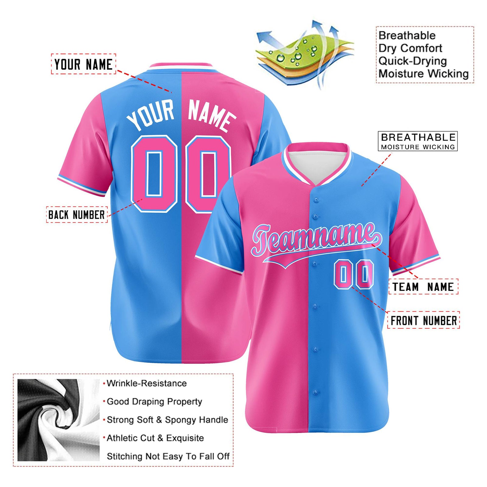 Custom Pink Powder Blue Authentic Split Fashion Baseball Jersey