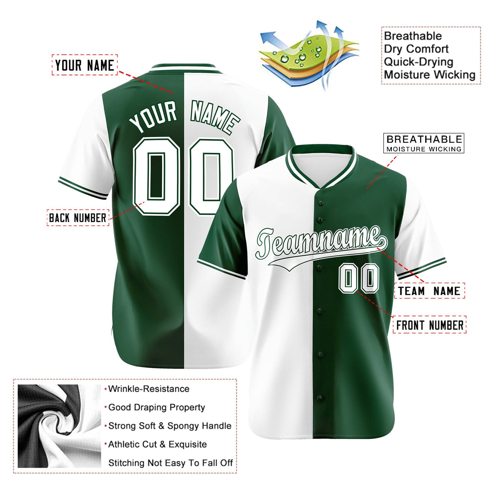 Custom White Green Authentic Split Fashion Baseball Jersey