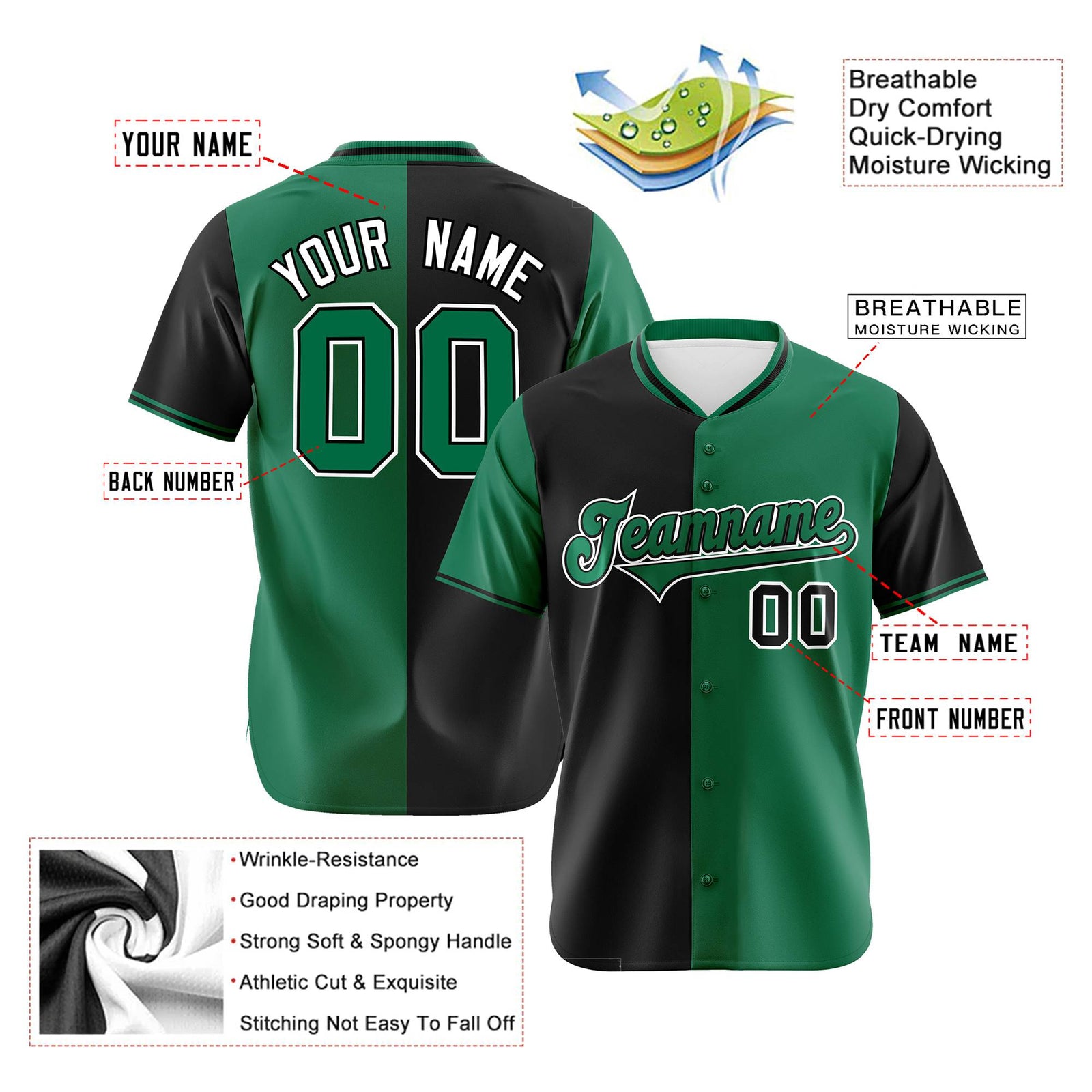 Custom Black Kelly Green Authentic Split Fashion Baseball Jersey