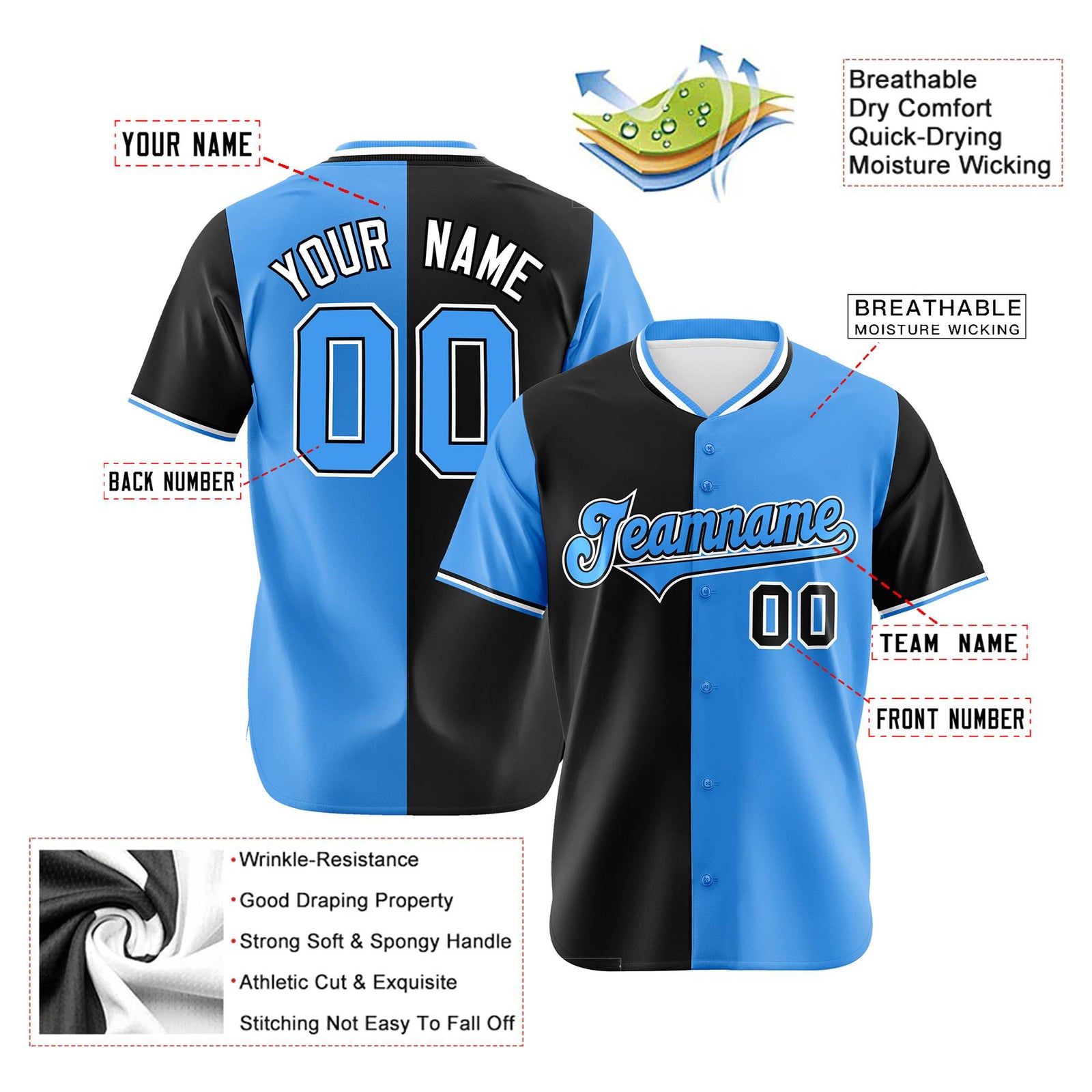 Custom Black Powder Blue Authentic Split Fashion Baseball Jersey