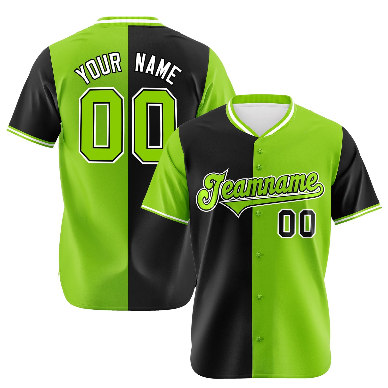 Custom Black Neon Green Authentic Split Fashion Baseball Jersey
