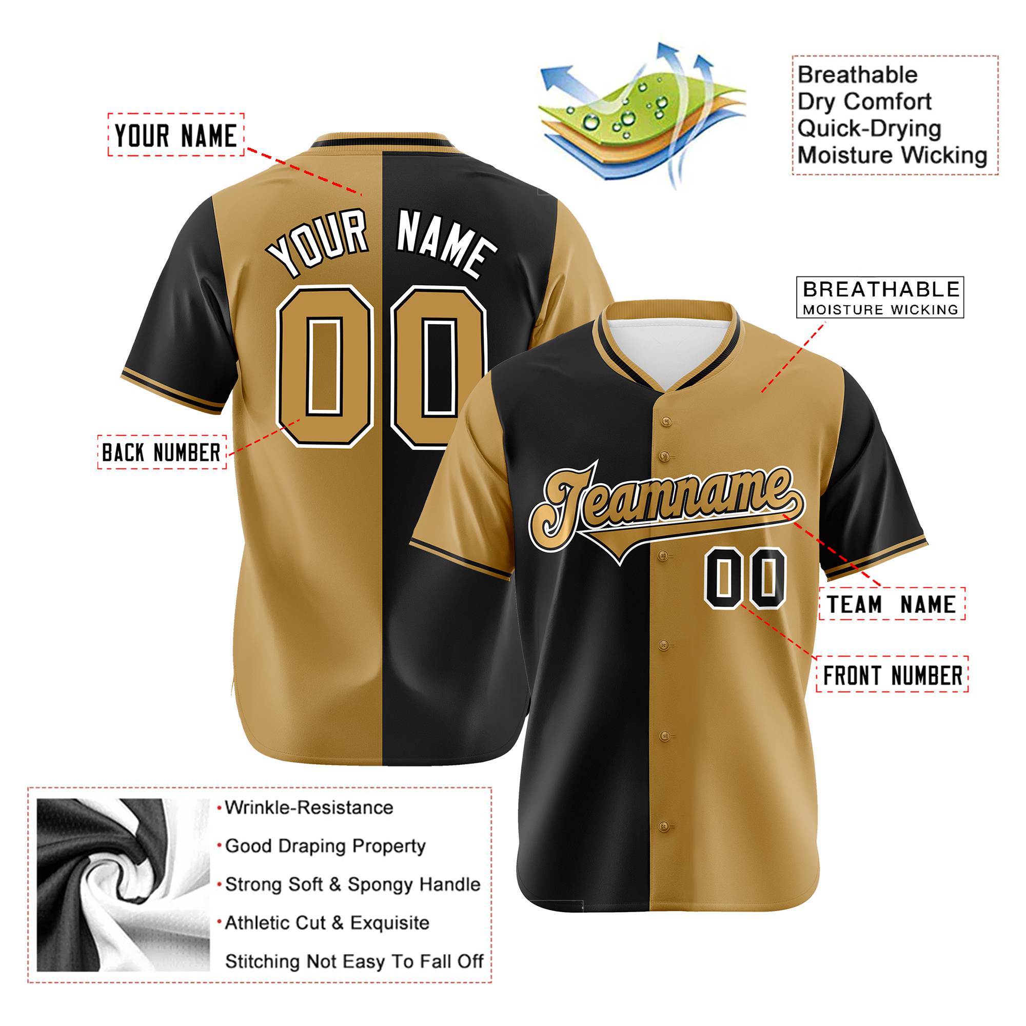 Custom Black Old Gold Authentic Split Fashion Baseball Jersey