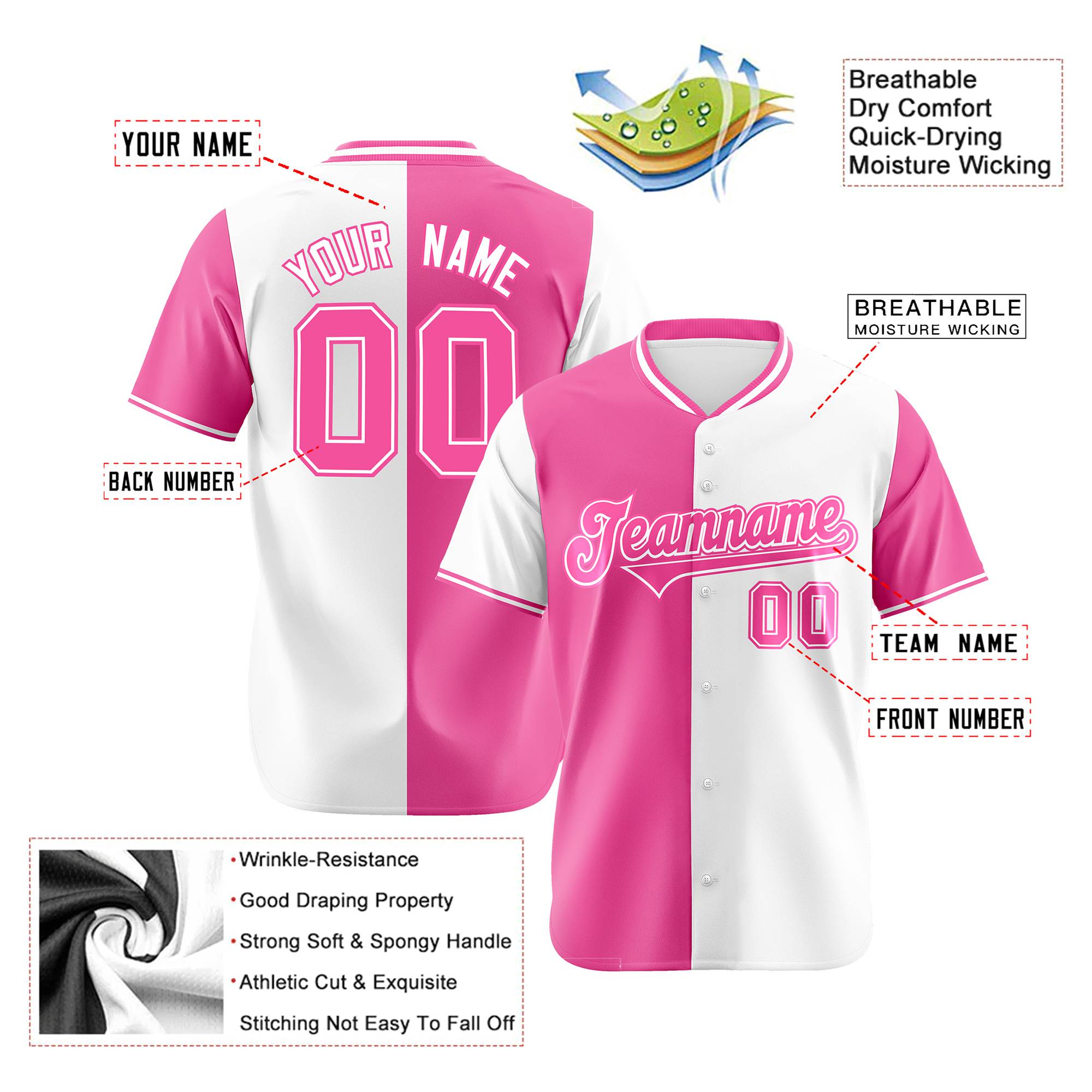 Custom Pink White Authentic Split Fashion Baseball Jersey