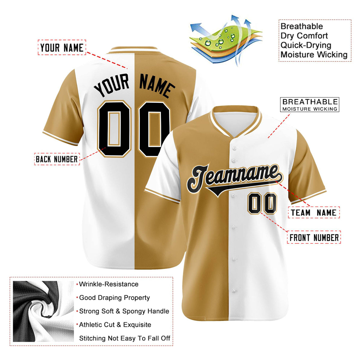 Custom Old Gold White Authentic Split Fashion Baseball Jersey