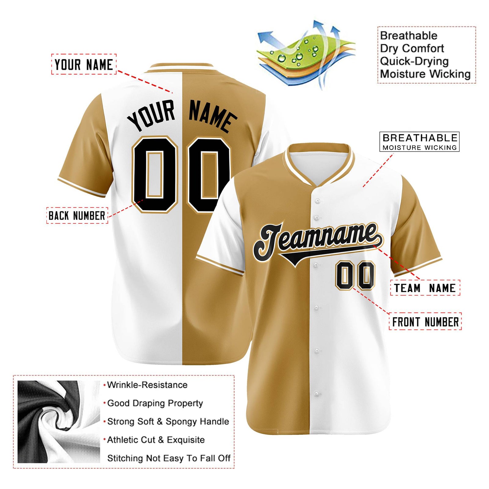 Custom Old Gold White Authentic Split Fashion Baseball Jersey