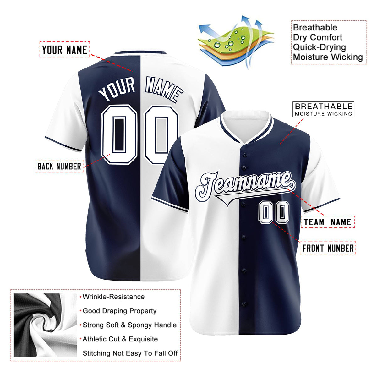 Custom White Navy Authentic Split Fashion Baseball Jersey