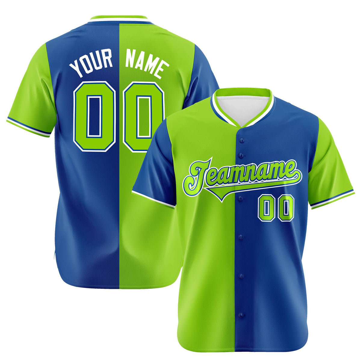 Custom Neon Green-Royal Blue Authentic Split Fashion Baseball Jersey
