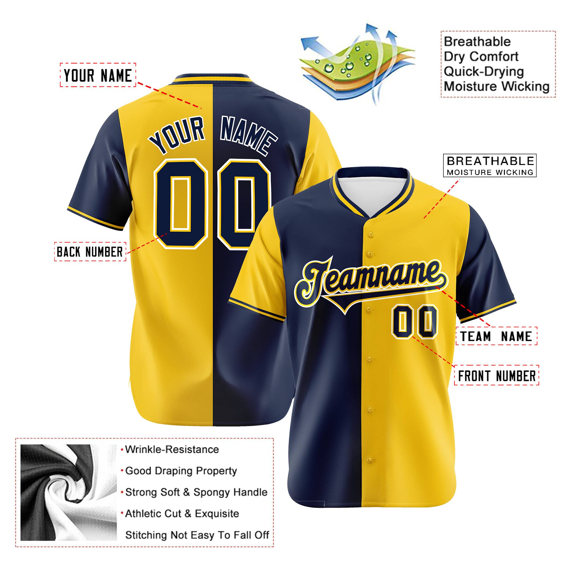 Custom Navy Gold Authentic Split Fashion Baseball Jersey