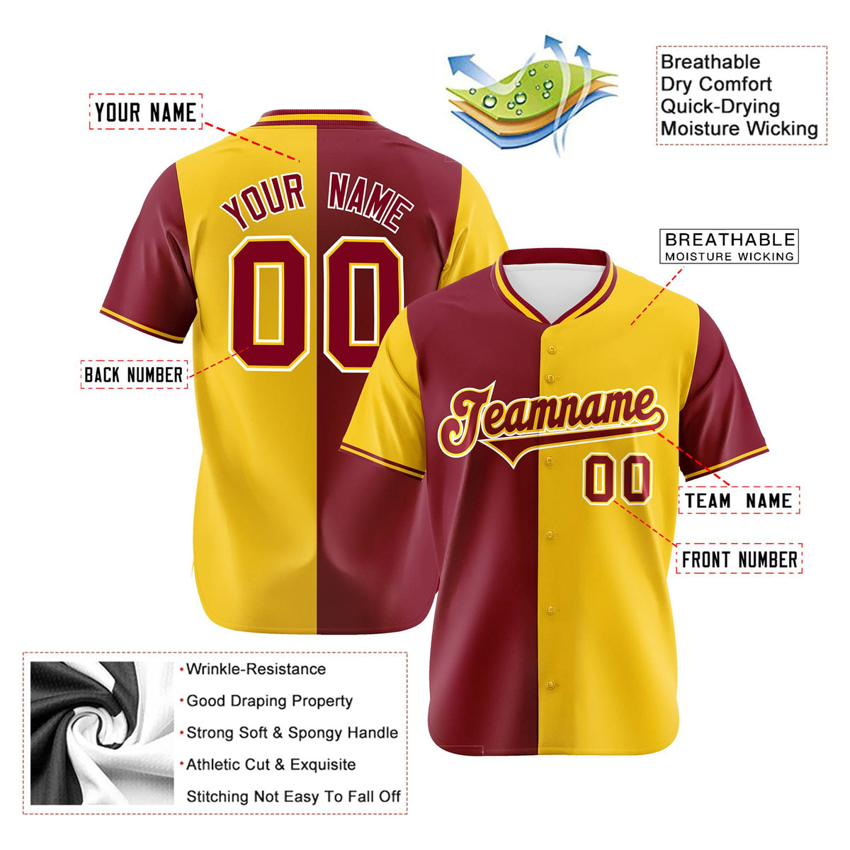 Custom Crimson Gold Authentic Split Fashion Baseball Jersey