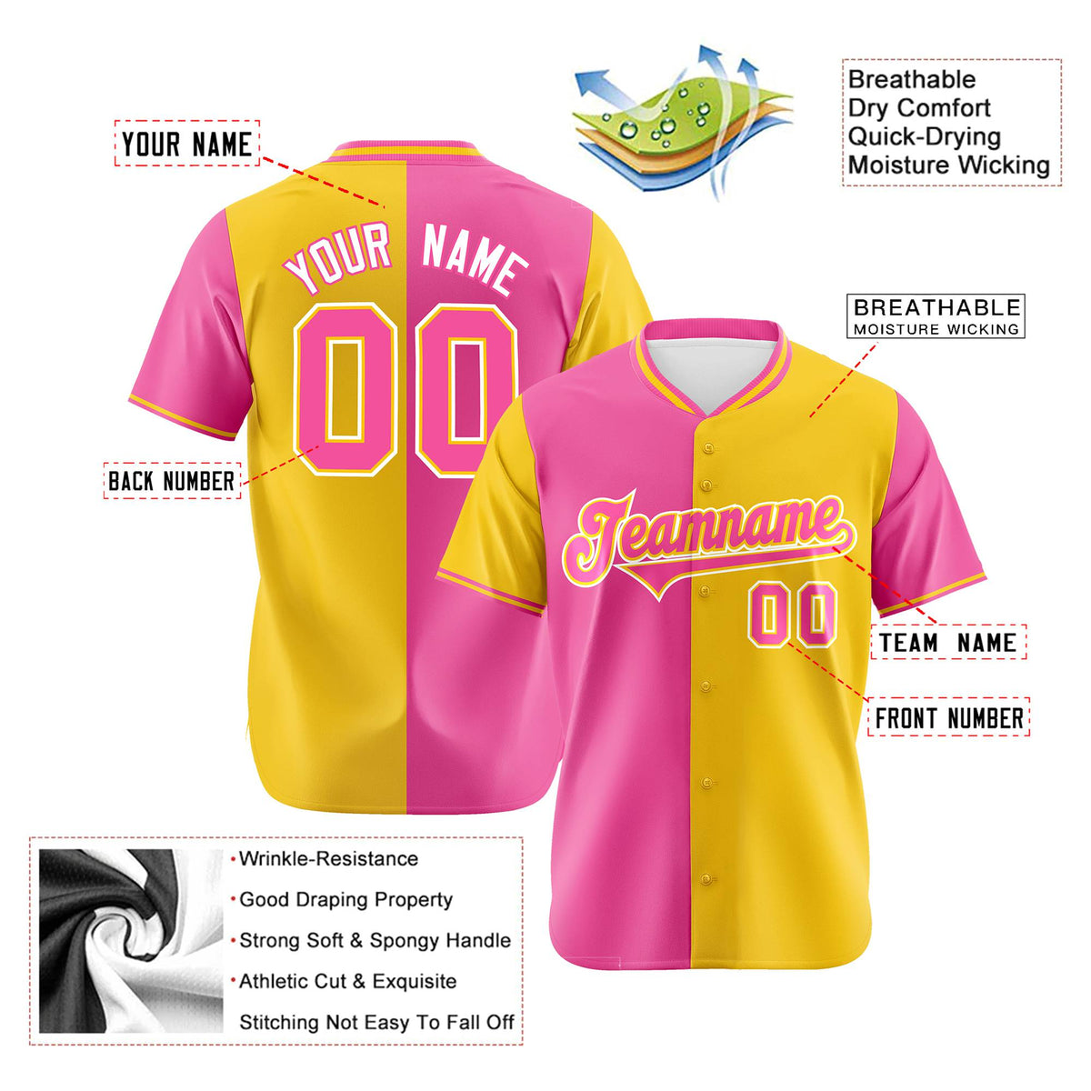 Custom Pink Gold Authentic Split Fashion Baseball Jersey