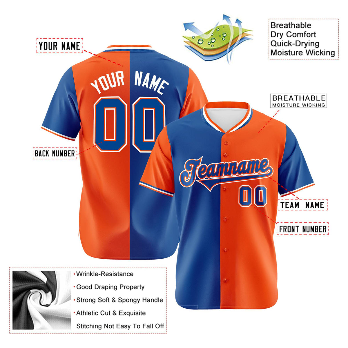 Custom Royal Blue Orange Authentic Split Fashion Baseball Jersey
