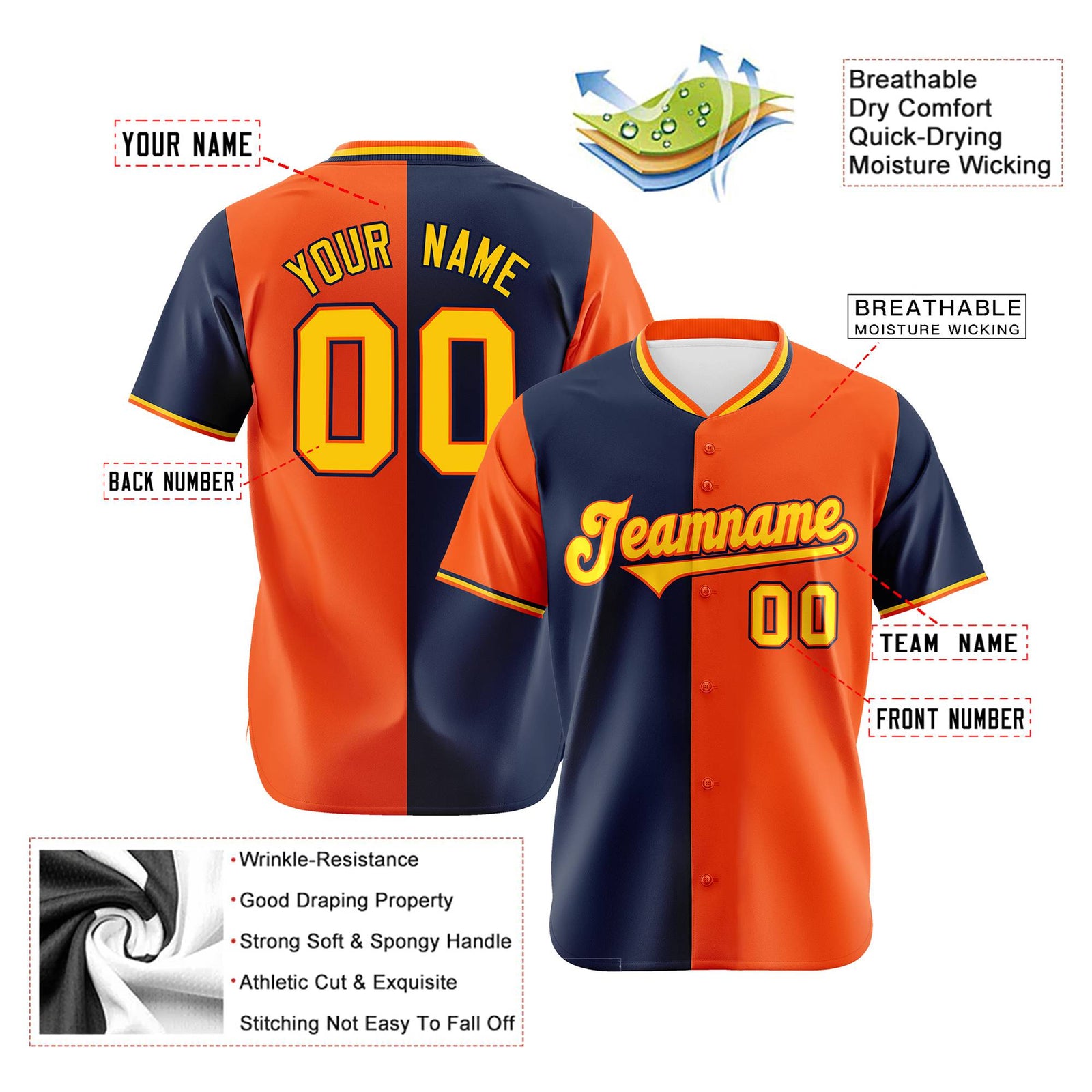 Custom Navy Orange Authentic Split Fashion Baseball Jersey