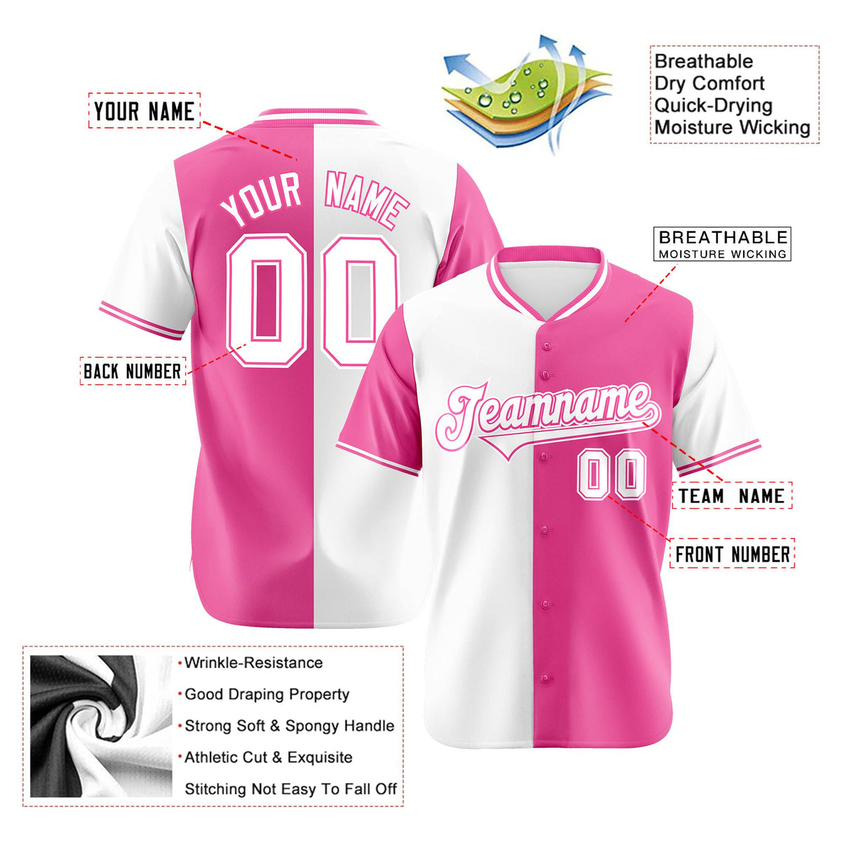 Custom White Pink Authentic Split Fashion Baseball Jersey