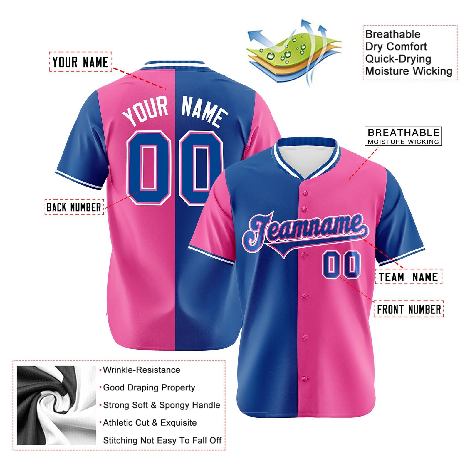 Custom Royal Blue Pink Authentic Split Fashion Baseball Jersey