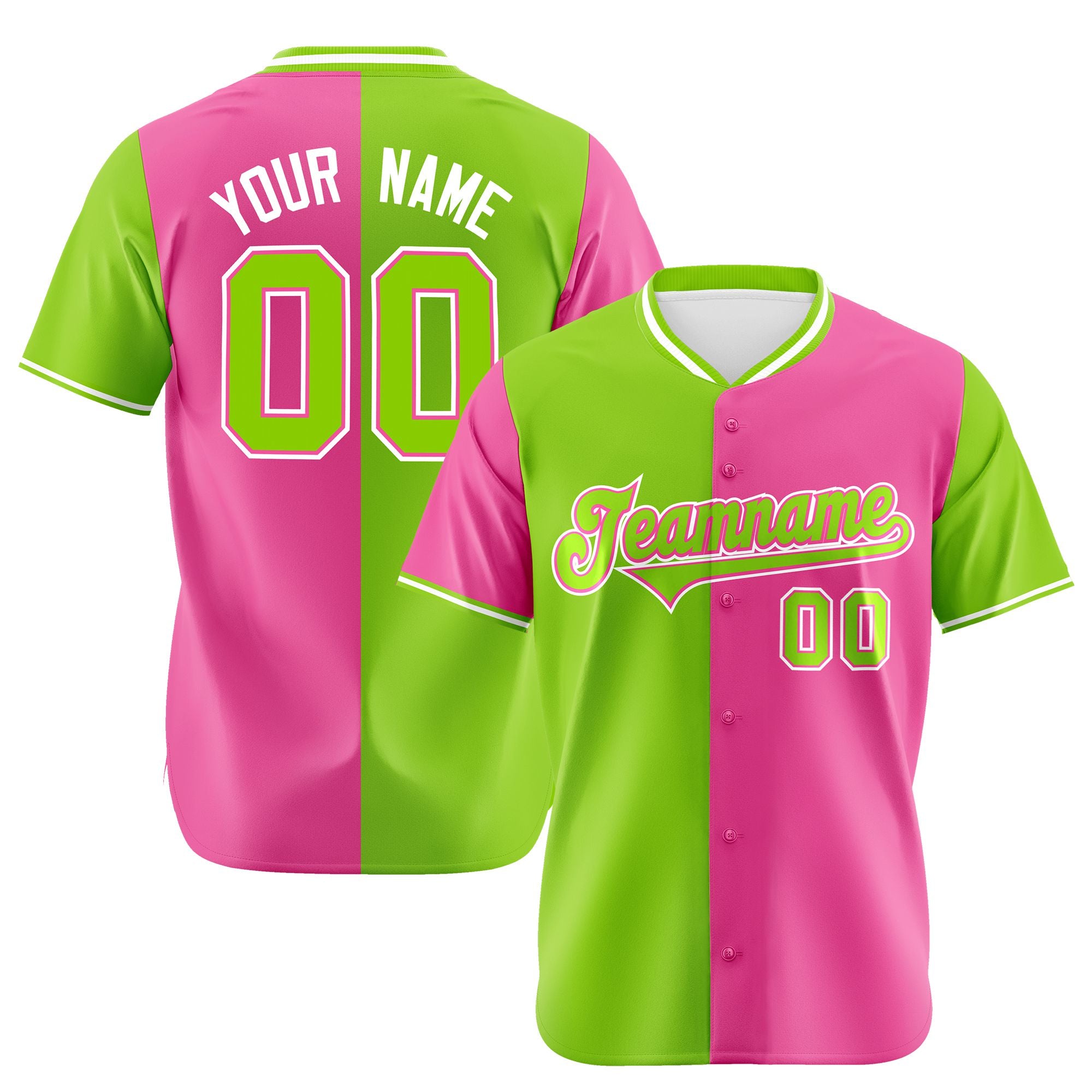 Custom Neon Green Pink Authentic Split Fashion Baseball Jersey