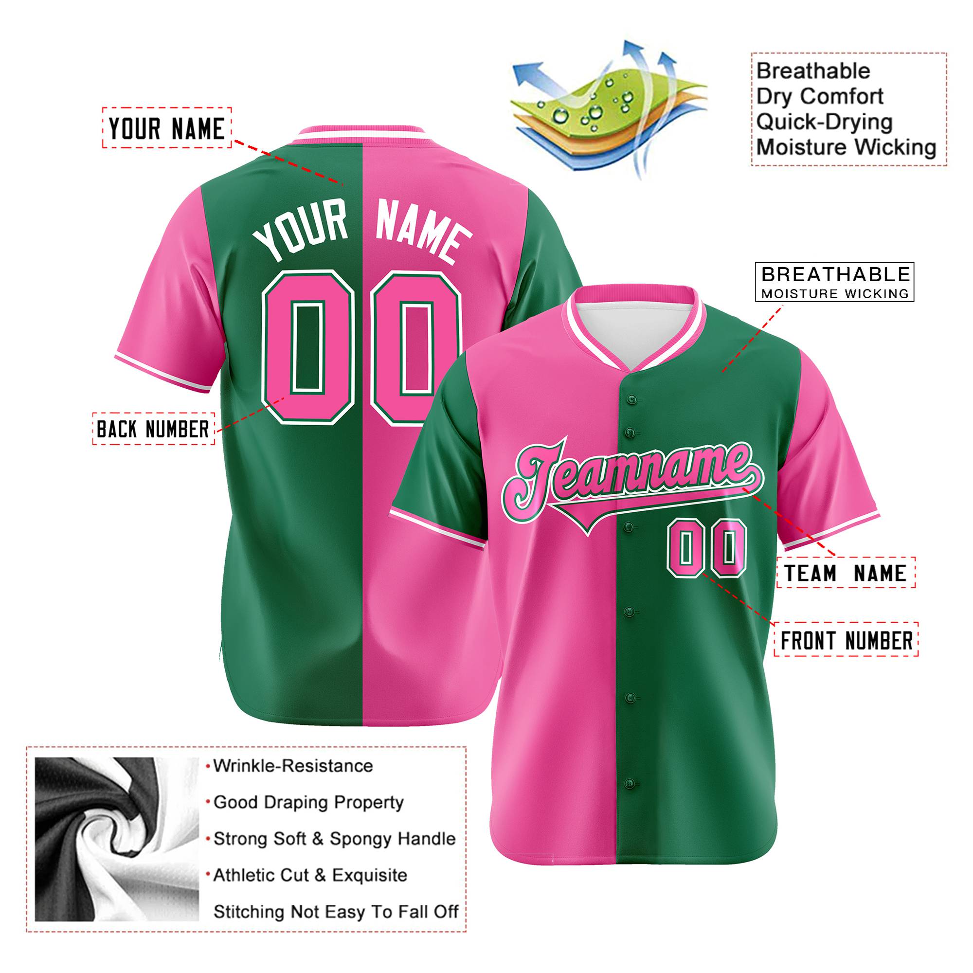 Custom Pink Kelly Green Authentic Split Fashion Baseball Jersey