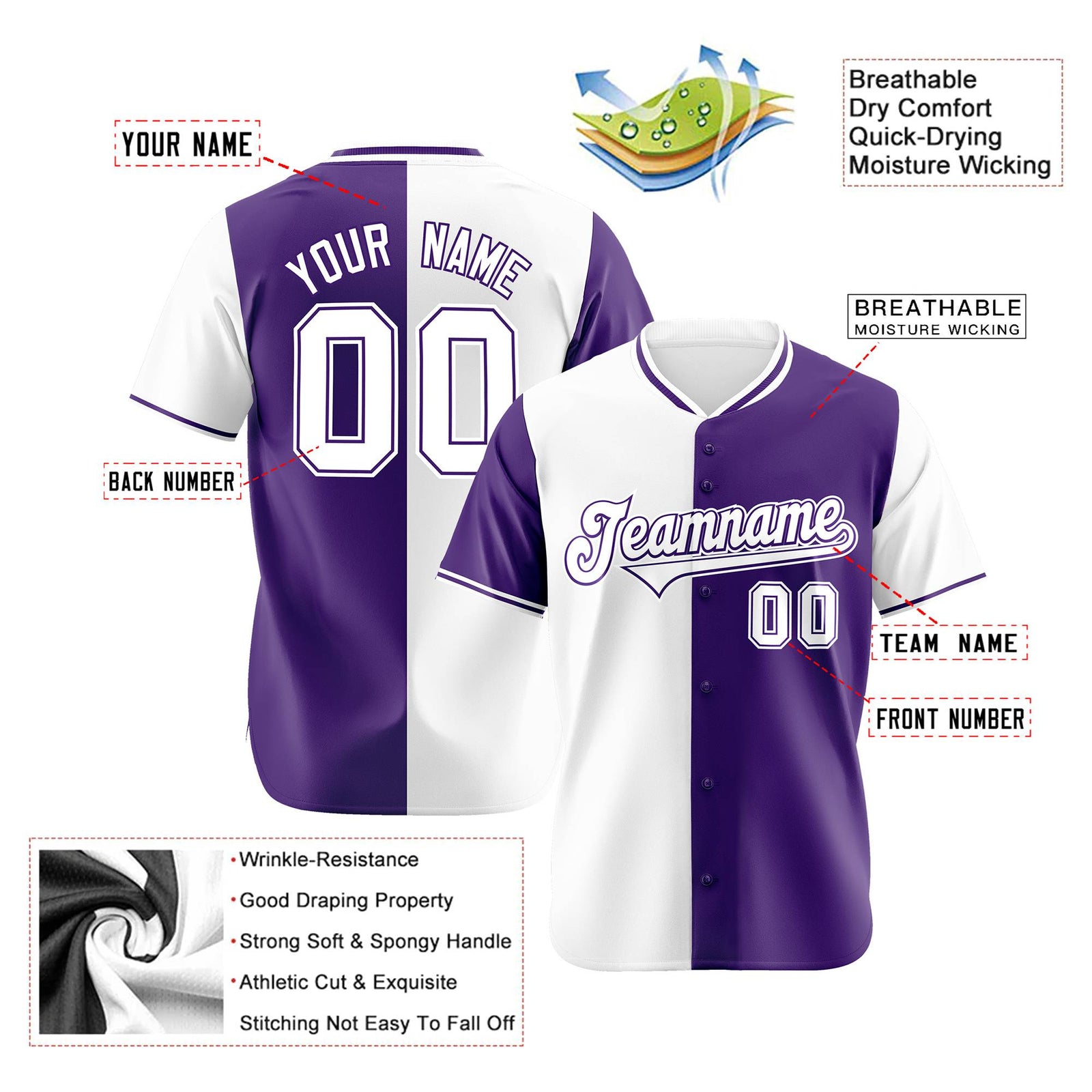 Custom White Purple Authentic Split Fashion Baseball Jersey