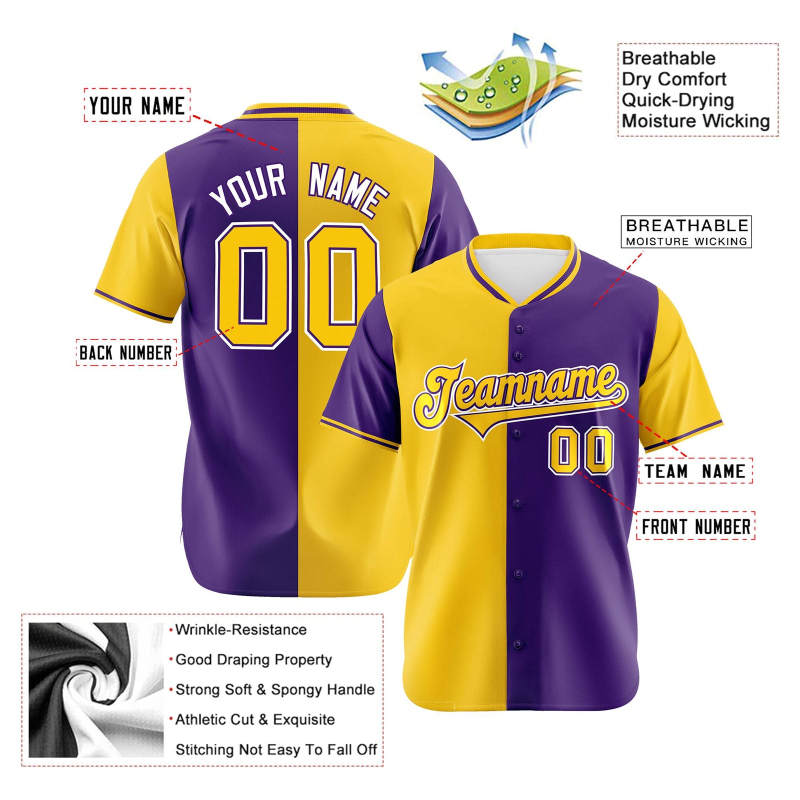 Custom Gold Purple Authentic Split Fashion Baseball Jersey