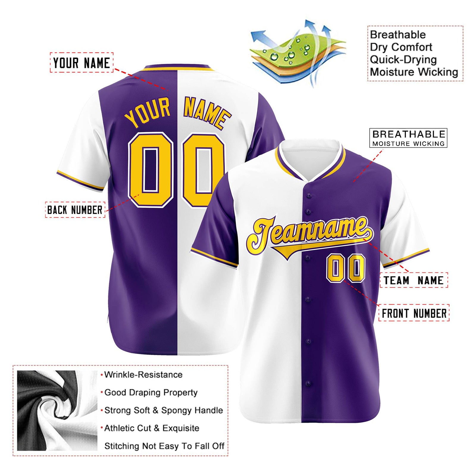 Custom White Purple Authentic Split Fashion Baseball Jersey