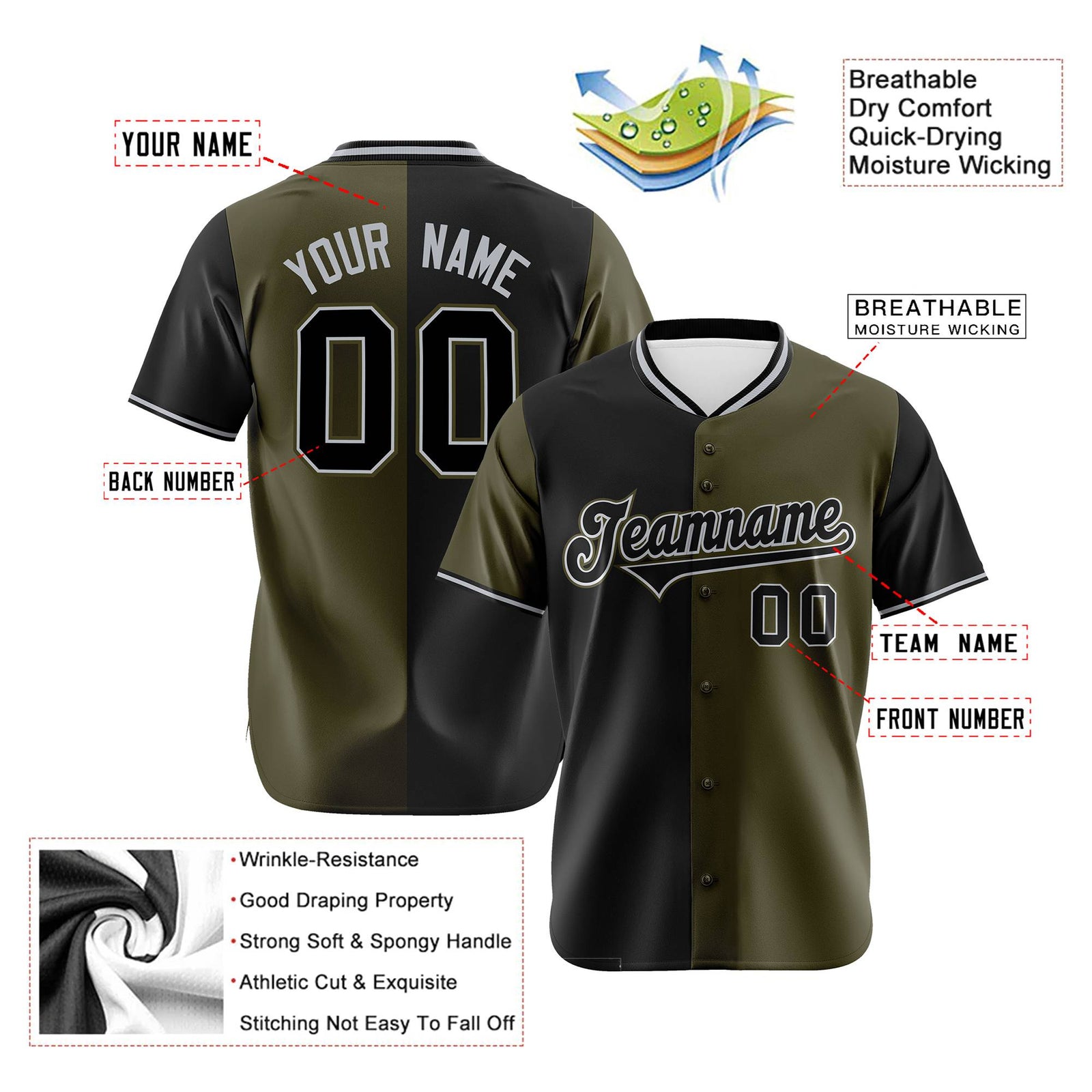 Custom Black Olive Authentic Split Fashion Baseball Jersey