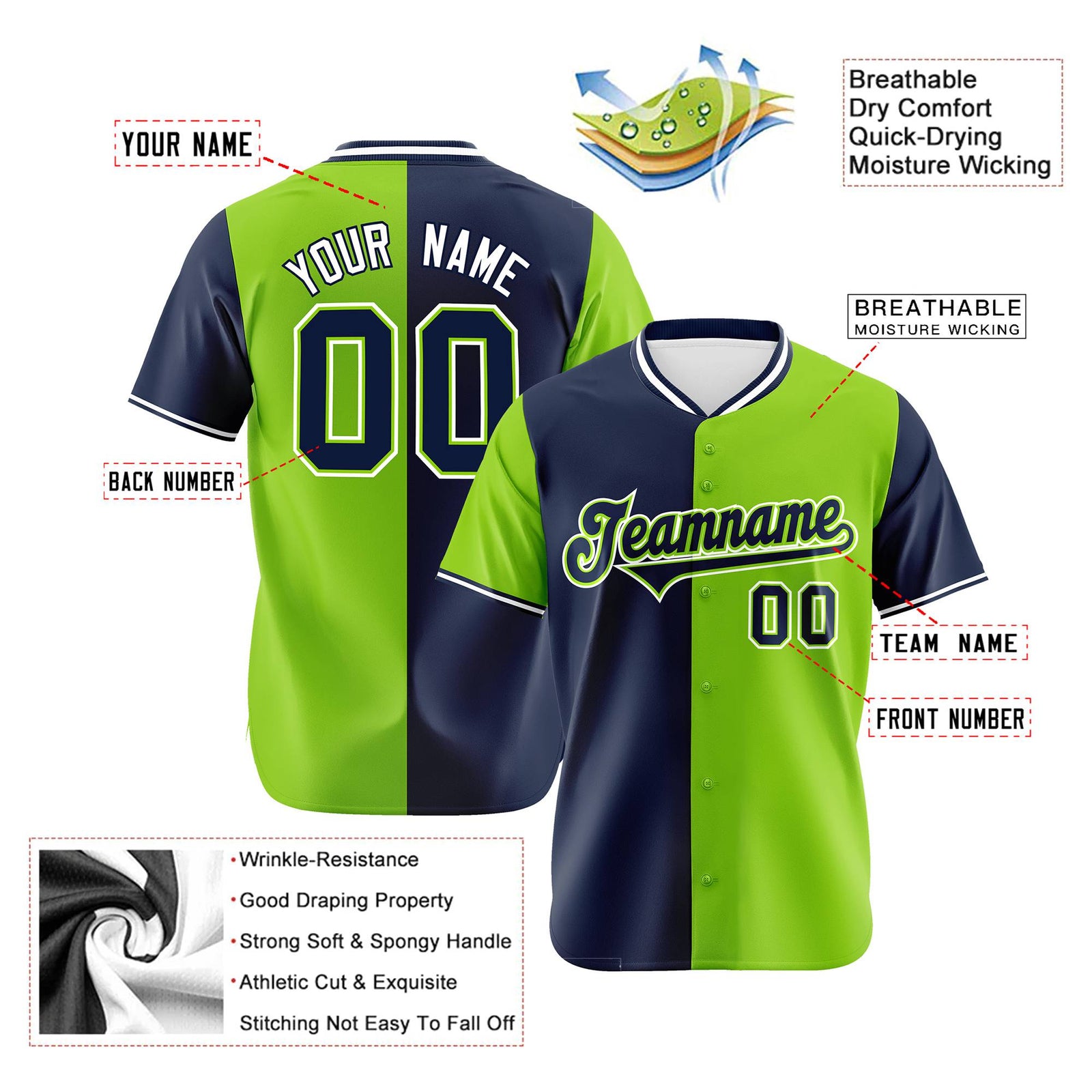 Custom Navy Neon Green Authentic Split Fashion Baseball Jersey