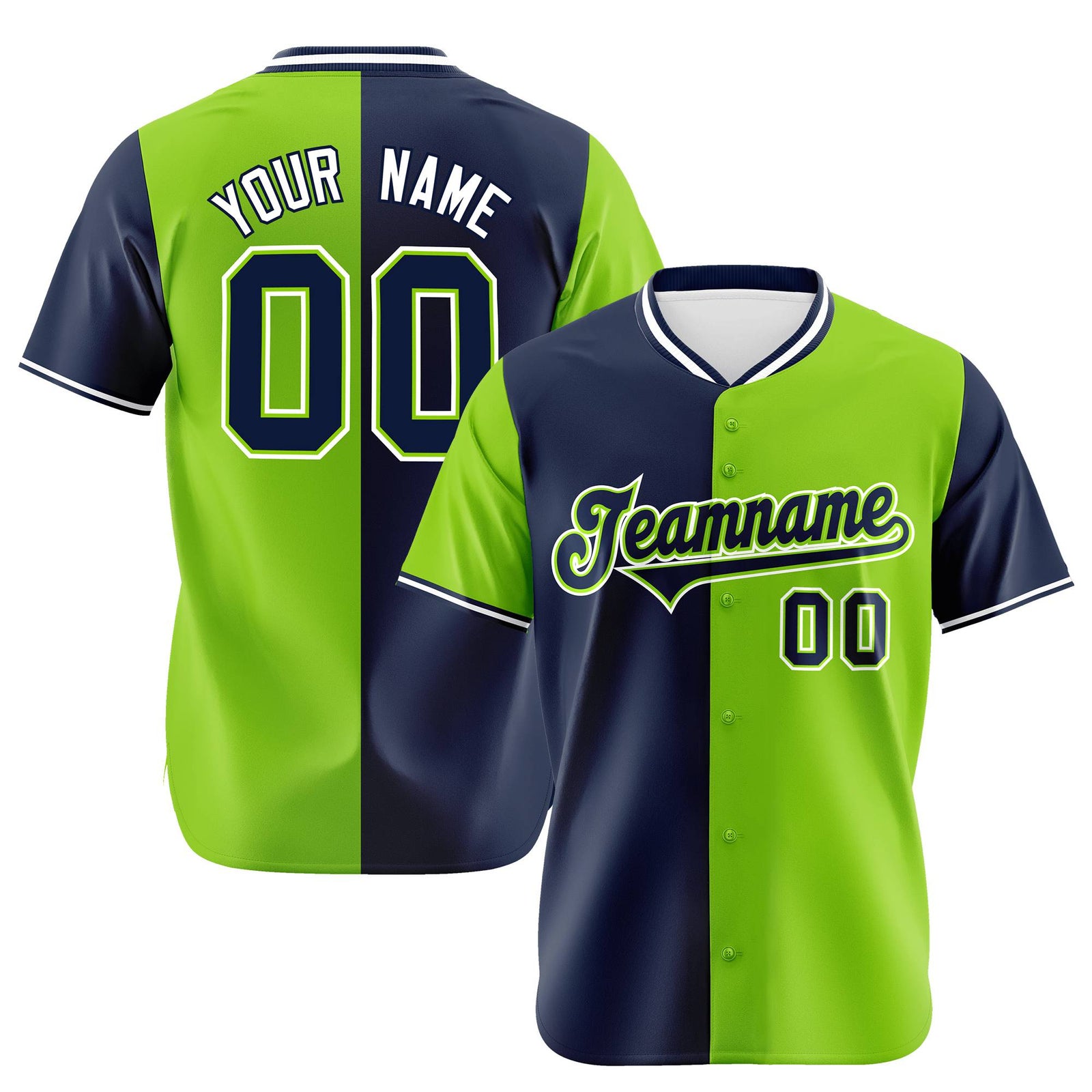Custom Navy Neon Green Authentic Split Fashion Baseball Jersey