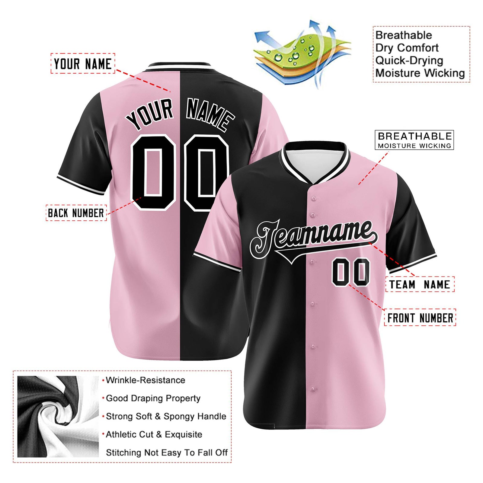 Custom Black Light Pink Authentic Split Fashion Baseball Jersey