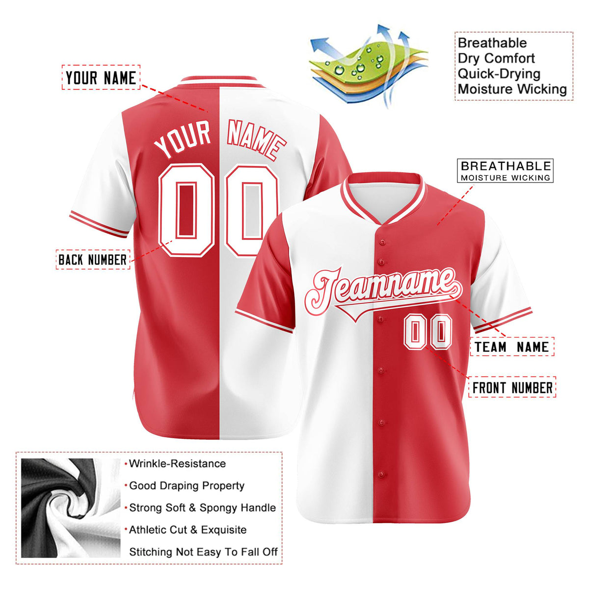 Custom White Light Red Authentic Split Fashion Baseball Jersey