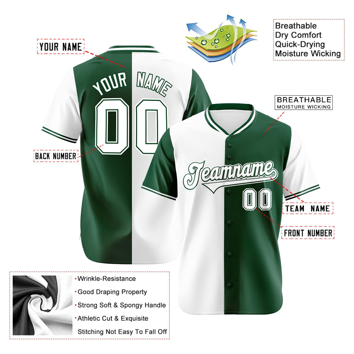 Custom White Green Authentic Split Fashion Baseball Jersey