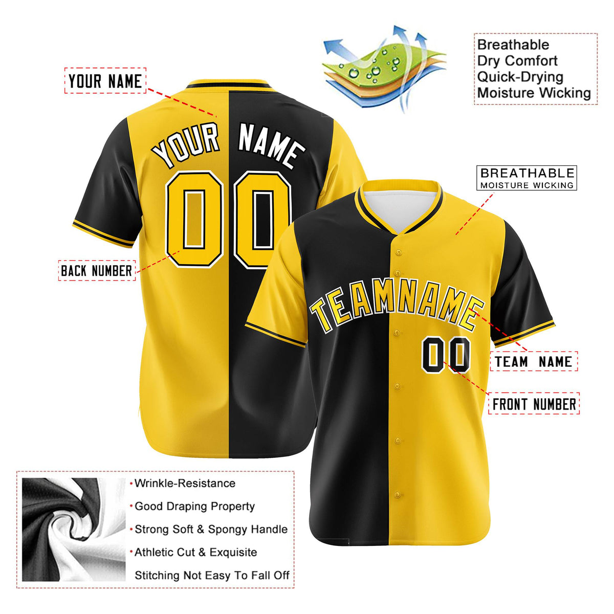 Custom Black Yellow Authentic Split Fashion Baseball Jersey