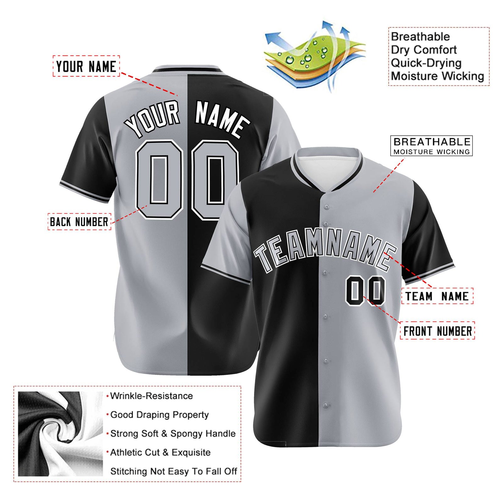 Custom Black Gray Authentic Split Fashion Baseball Jersey