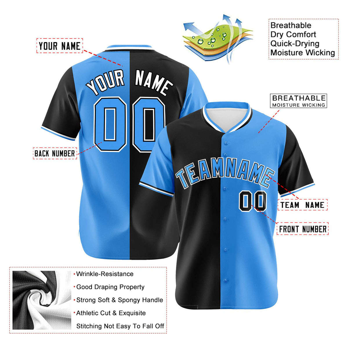 Custom Black Powder Blue Authentic Split Fashion Baseball Jersey